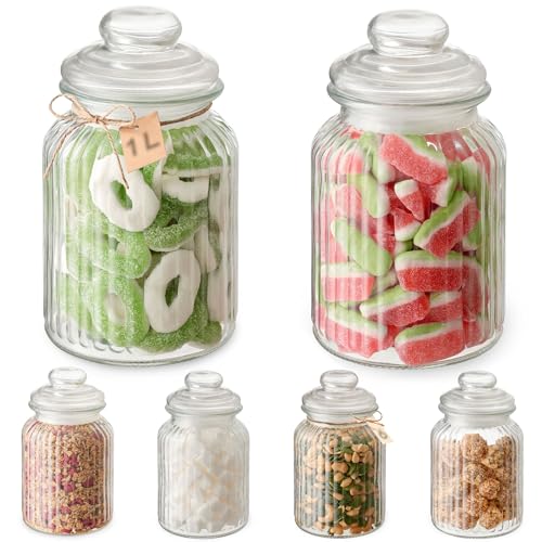 Praknu Candy Bar Gläser Groß 1L - Luftdicht - 6er Set Vintage Bonbonglas mit Deckel & Etiketten- Robustes Glas - Spülmaschinenfest- für Kekse & Süßigkeiten von Praknu