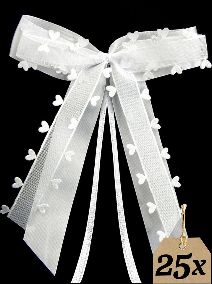 Praknu Dekoobjekt 25 Antennenschleifen Weiß mit Herzen N26 (Set, 25 St), Handgemacht I Satinband I Hochzeit Schleifen von Praknu