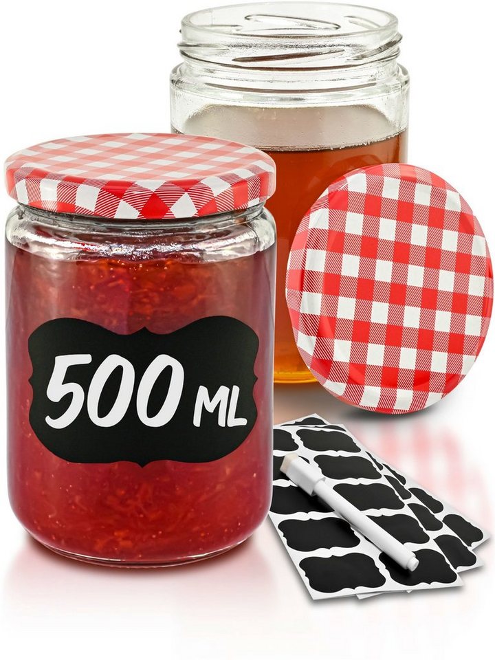 Praknu Einmachglas Praknu 12 Marmeladengläser 500 ml Rot, Glas, (Set, 12-tlg), Konservieren von Praknu