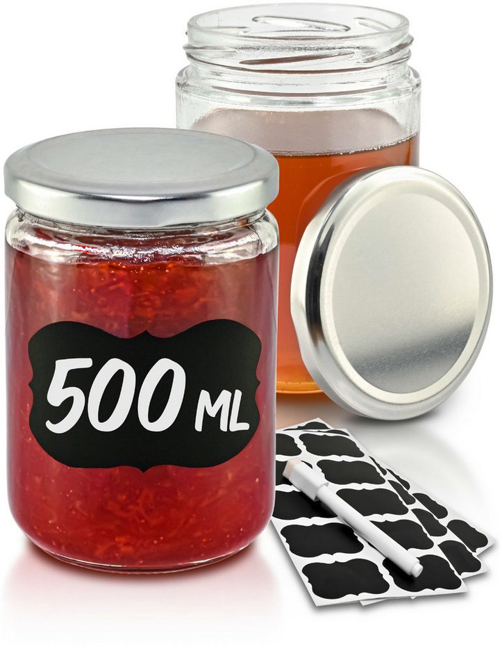 Praknu Einmachglas Praknu 12 Marmeladengläser 500 ml Silber, Glas, (Set, 12-tlg), Mit Etiketten & Stift - Luftdicht - Spülmaschinenfest von Praknu