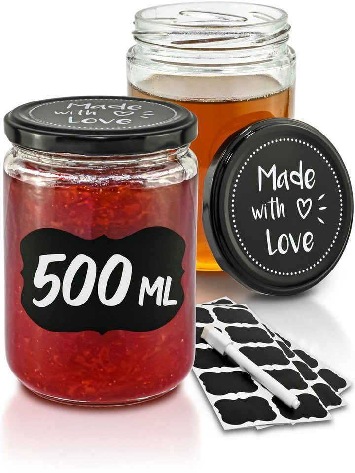 Praknu Einmachglas Praknu 12 Marmeladengläser 500ml Schwarz, Glas, (Set, 12-tlg), Mit Etiketten & Stift - Luftdicht - Spülmaschinenfest von Praknu