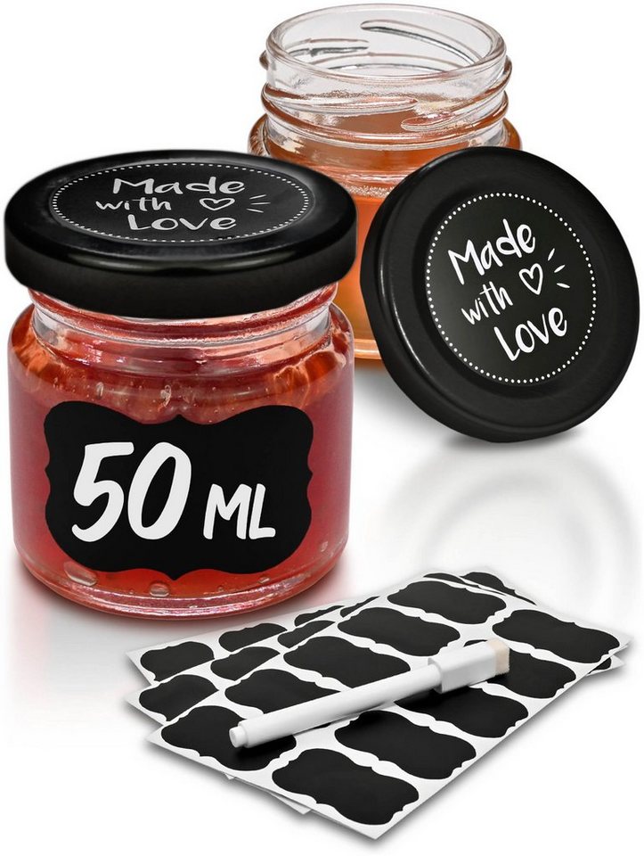Praknu Einmachglas Praknu 24 Marmeladengläser 50 ml Schwarz, Glas, (Set, 24-tlg), Mit Etiketten & Stift - Luftdicht - Spülmaschinenfest von Praknu