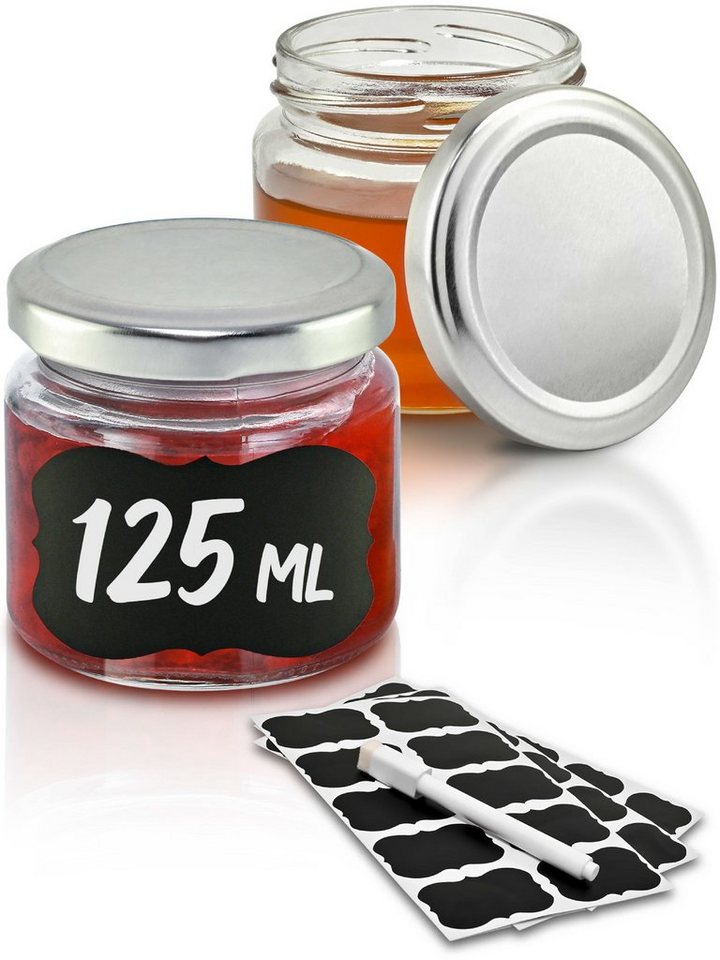 Praknu Einmachglas Marmeladenglas 125 ml - 25er Set Einmachgläser mit silbernem Deckel, Glas, (Set, 25-tlg), Mit Etiketten & Stift - Luftdicht - Spülmaschinenfest von Praknu