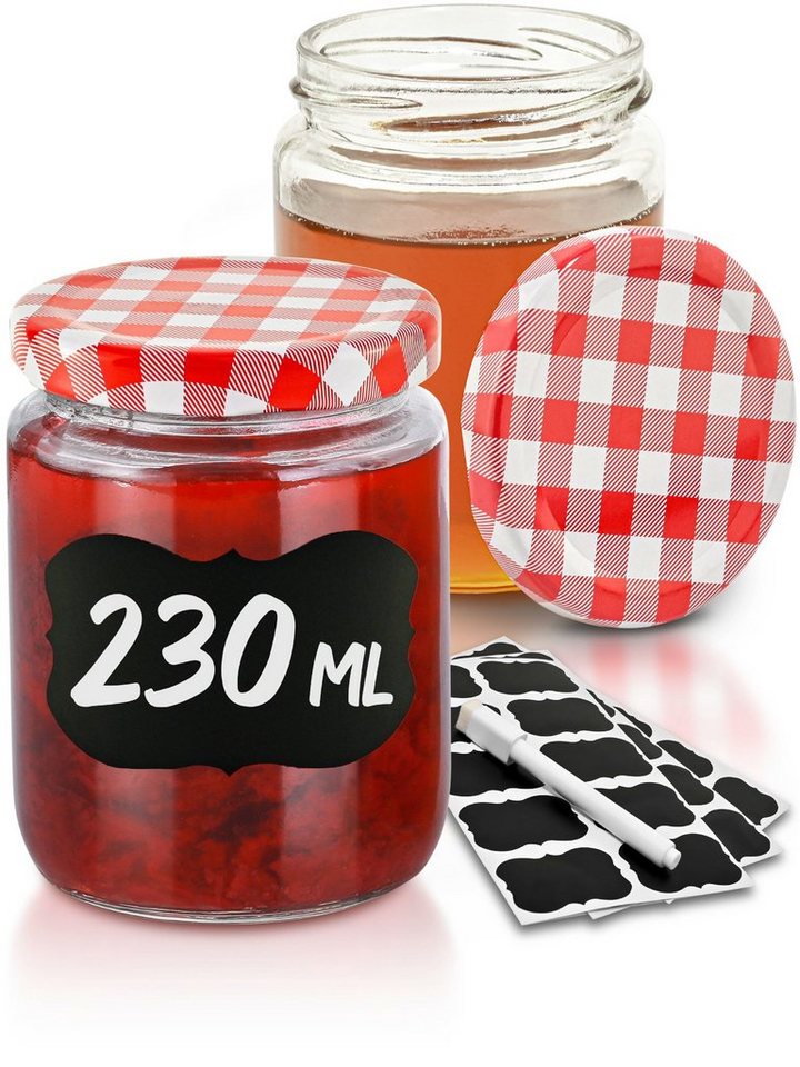 Praknu Einmachglas Praknu 25 Marmeladengläser 230 ml Rot, Glas, (Set, 25-tlg), Konservieren von Praknu
