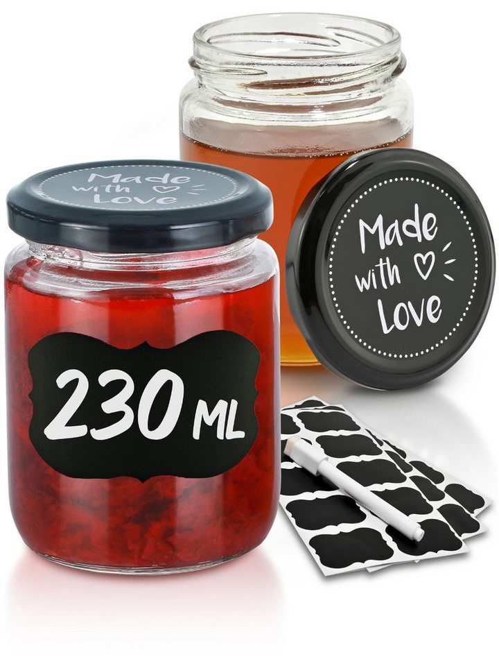 Praknu Einmachglas Praknu 25 Marmeladengläser 230 ml Schwarz, Glas, (Set, 25-tlg), mit Deckel und Etiketten - Luftdichte Einmachgläser zum verschenken von Praknu