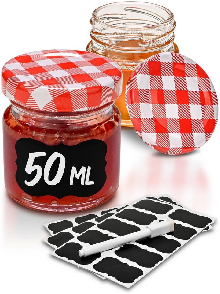 Praknu Einmachglas Praknu 25 Marmeladengläser 50 ml Rot, Glas, (Set, 25-tlg., 25 Einkochgläser, 25 Etiketten, Stift zum Beschriften), mit Deckel, Etiketten - Luftdichte Einmachgläser zum Einkochen & Konservieren von Praknu