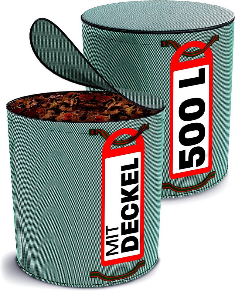 Praknu Gartenbox 2x Gartensack mit Deckel 500 L (2 St), 500L Groß - Verschließbar - 4 Reißfeste Griffe - Robustes Polypropylen von Praknu