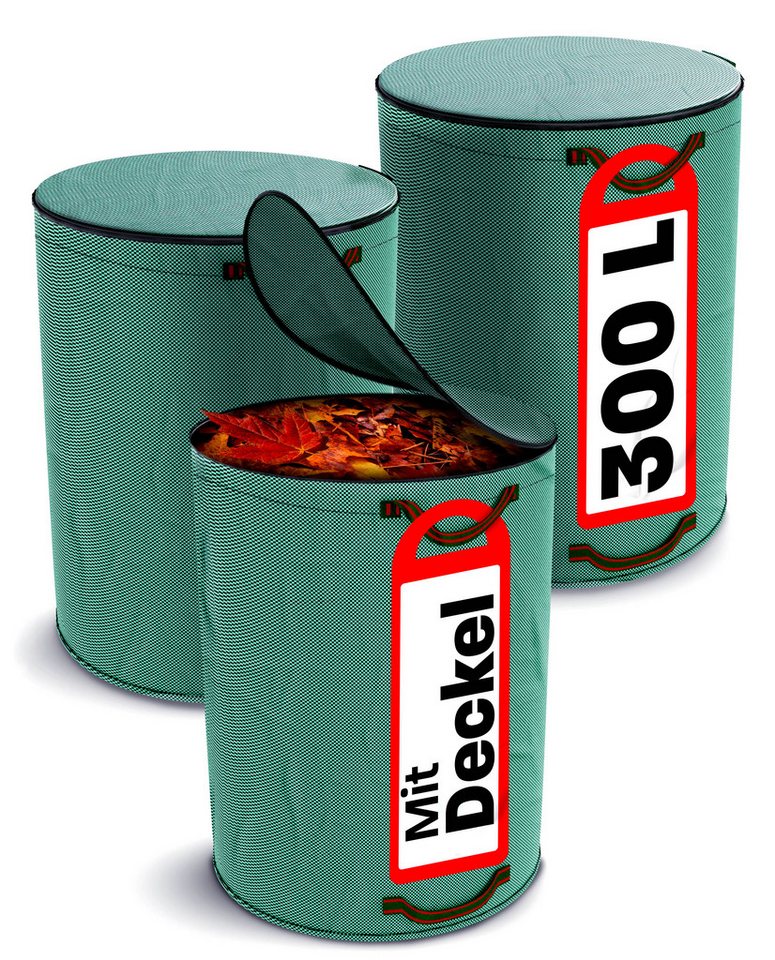 Praknu Gartenbox 3x Gartenabfallsack 300 Liter Mit Deckel - Laubsack Mit 4 Griffen (3er-Set, 3 St., 3x Gartenabfallsack 300 l mit Deckel, je 4 Tragegriffe), 300L - 4 Reißfeste Griffe - Robustes Polypropylen von Praknu