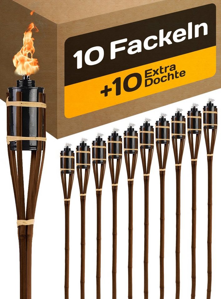 Praknu Gartenfackel 10 Gartenfackeln Bambus Braun 90cm, Feuer, Lange Brenndauer - Mit Öl Nachfüllbar - 10 extra Dochte - Party Deko von Praknu