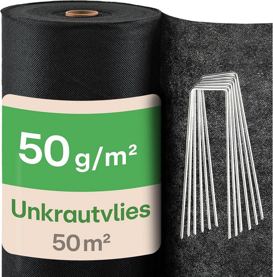 Praknu Gartenvlies Praknu Unkrautvlies 50g/m² - Gartenvlies mit 24 Erdankern 50m², (1-St), reißfest, UV-stabil, zuschneidbar, wasserdurchlässig, robust von Praknu