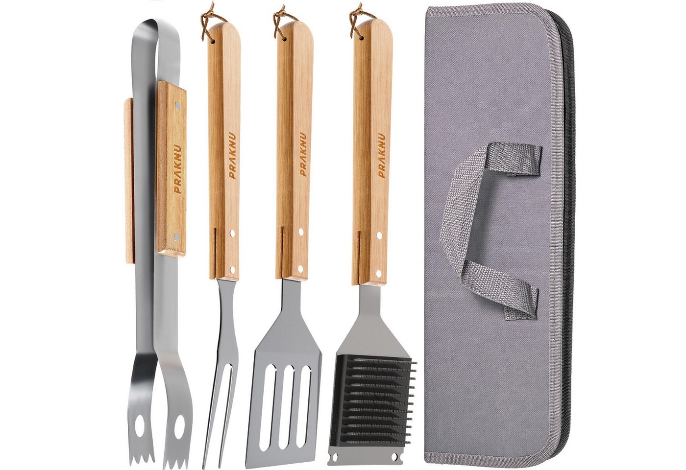 Praknu Grillbesteck-Set Grillbesteck Set aus Holz, (Set, 4 tlg), Mit Tragetasche - Robust und Hitzebeständig - Spülmaschinenfest von Praknu