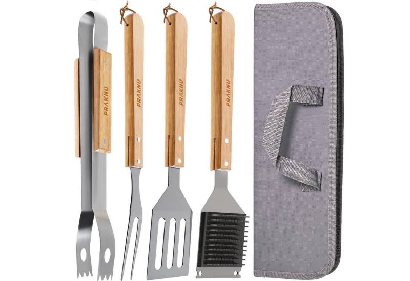 Praknu Grillbesteck-Set Grillbesteck Set aus Holz, (Set, 4 tlg), Mit Tragetasche - Robust und Hitzebeständig - Spülmaschinenfest von Praknu