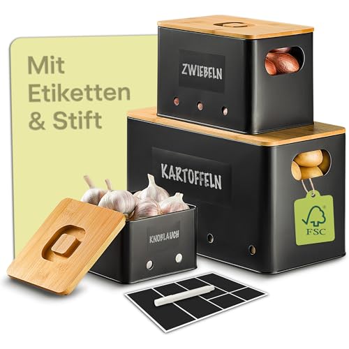 Praknu Kartoffel Aufbewahrungsbox 3er Set – Stapelbar - Mit Belüftung für längere Frische – 𝗙𝗦𝗖® Bambusdeckel – Ideal zur Aufbewahrung von Kartoffeln, Zwiebeln & Knoblauch – Inkl. Etiketten & Stift von Praknu