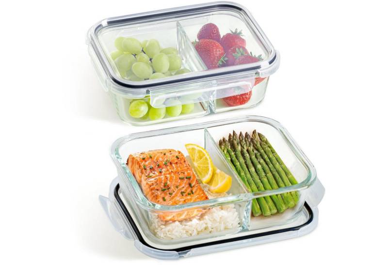 Praknu Lunchbox Meal Prep Boxen Glas 2 Fächer - 2er Set Glass Meal Prep Containers 1l, Borosilikatglas mit BPA-freiem Kunststoffdeckel und Silikon, (Set), 1000 ml Glasbehälter Ofenfest - Bento Box Zum Einfrieren - Tupper von Praknu