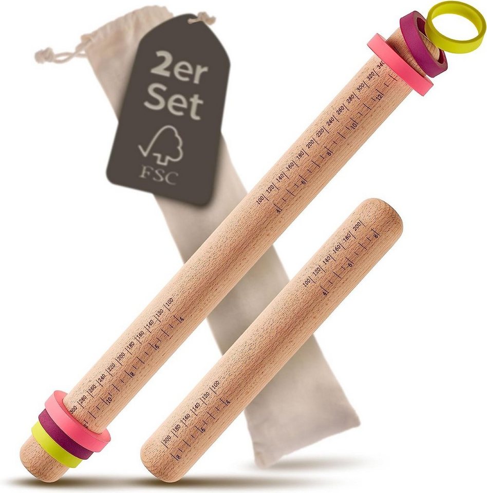 Praknu Nudelholz Nudelholz 40 cm + 22 cm Holz Buchenholz, (2er Set, 2-tlg), Teigroller aus nachhaltigem FSC Holz, Für gleichmäßiges Ausrollen von Praknu