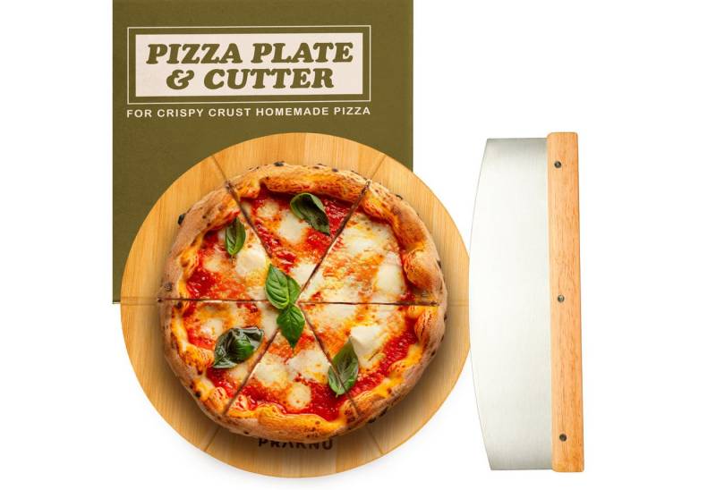 Praknu Pizzaschneidebrett Pizzabrett aus Holz mit Pizzaschneider, Bambusholz, (Set, 1-St), 2er-Set - Pizzamesser aus Edelstahl mit scharfer Klinge von Praknu