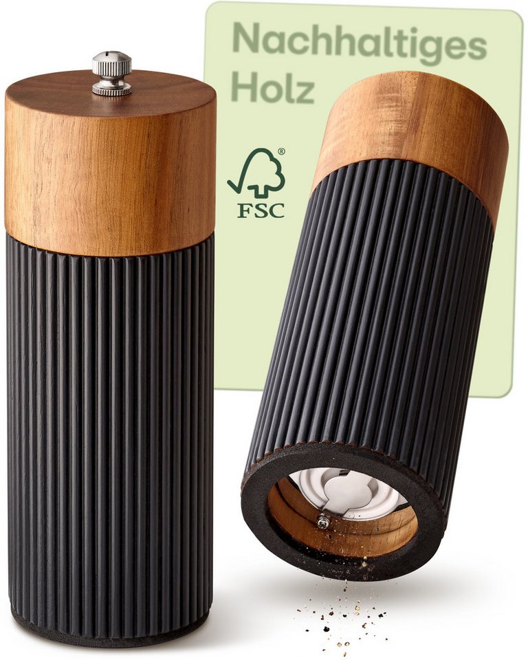 Praknu Salz- / Pfefferstreuer Salz & Pfeffermühle Set Akazien Holz – Edles Design & Keramikmahlwerk, (2er Set, 2-tlg), FSC-zertifiziert, Keramikmahlwerk, Stufenlos einstellbar, Langlebig von Praknu