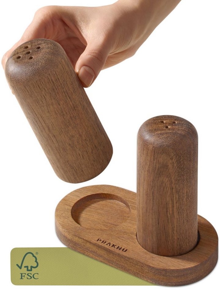 Praknu Salz- / Pfefferstreuer aus Akazienholz mit Untersetzer - Holz Gewürzstreuer - Salt Shaker, (3er Set, 3-tlg), Nachhaltiges FSC Holz - Handgefertigt & Robust - Einfaches Nachfüllen von Praknu