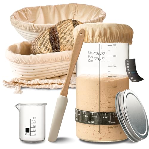 Praknu Sauerteig Starter Set aus Glas (1000ml) Komplett-Set mit Anleitung für Einsteiger & Zuhause backen (Sauerteig + 2X Gärkorb Set) von Praknu