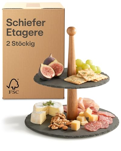 Praknu Etagere 2 Etagen aus Schiefer Schwarz – Servierständer aus FSC® Akazienholz – Vielseitig & Elegant – Für Dessert, Obst, Buffet, Frühstück von Praknu