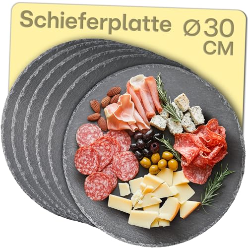 Praknu Schieferplatte Rund 30 cm - 6er Set - Zum Servieren und als Deko - Echter Naturschiefer - Rutschfest von Praknu