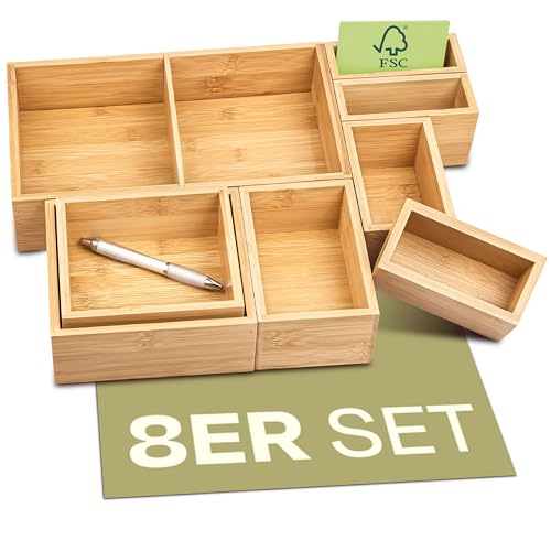 Praknu Schubladen Organizer Box 8er Set - Aus nachhaltigem FSC®️ Bambus Holz - Für Küche, Bad oder Büro von Praknu