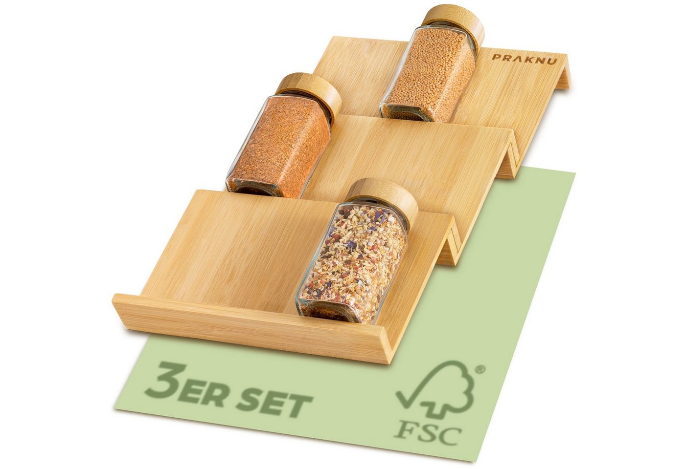 Praknu Schubladeneinsatz Gewürzregal für Schublade aus FSC - zertifiziertem Holz - Für 12 (3 St), Platzsparendes Schubladen Küchenzubehör - Schubladenorganizer Einsatz von Praknu