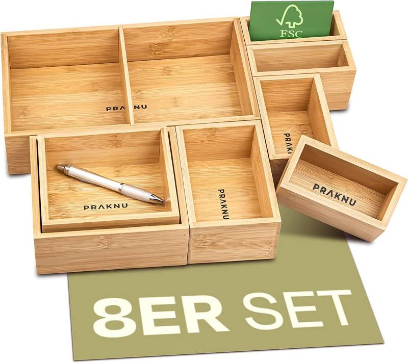 Praknu Schubladeneinsatz Schubladen Organizer Box 8er Set - Aus nachhaltigem FSC Bambus Holz (8 St), Platzsparendes Schubladen Küchenzubehör - Schubladenorganizer Einsatz von Praknu