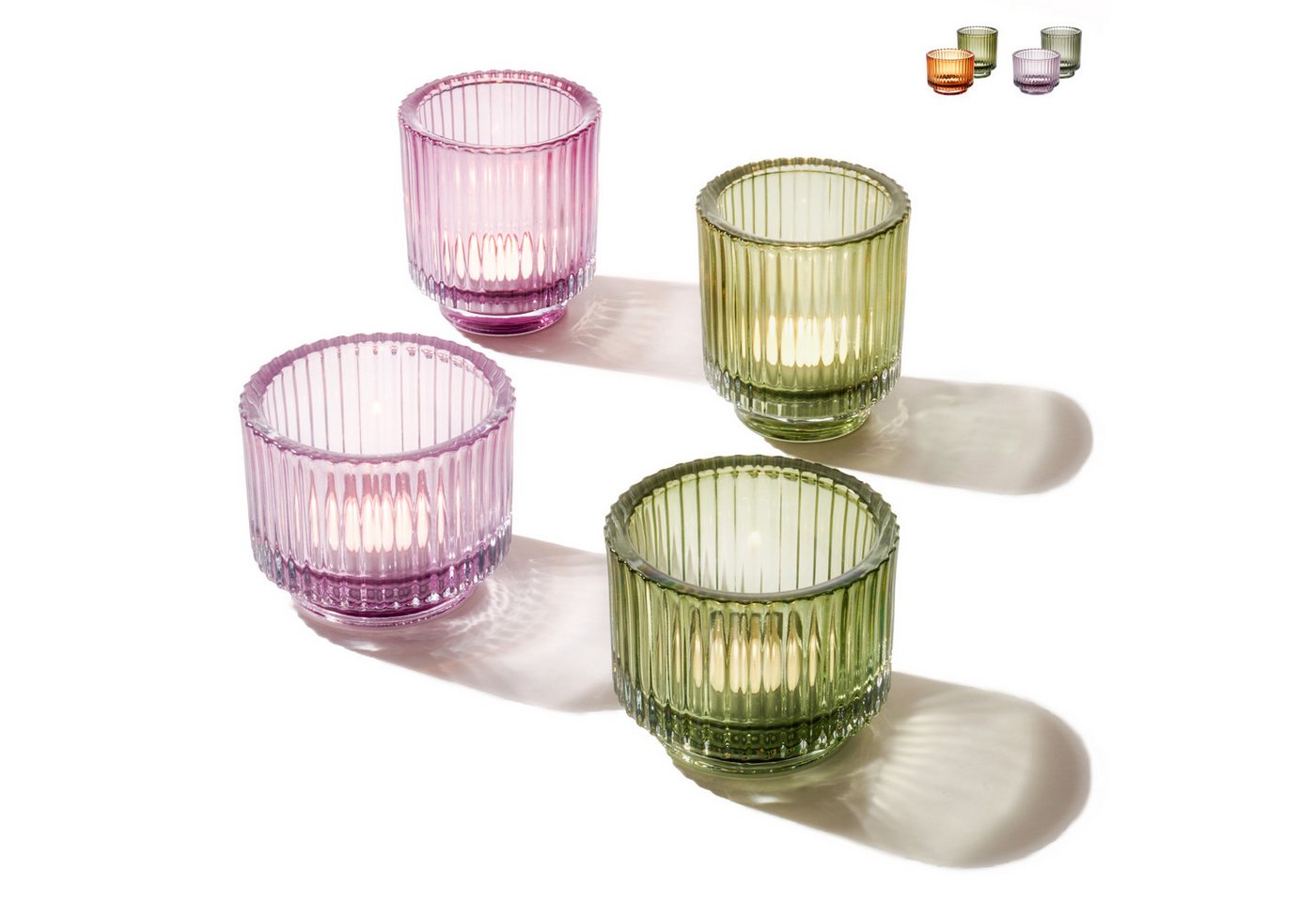 Praknu Teelichthalter Glas Set - Teelichtgläser Grün - Teelichter Glas Lila Für Tischdeko (4 St), Stabile Kerzenhalter mit Stil für Heimdekoration & Hochzeit von Praknu