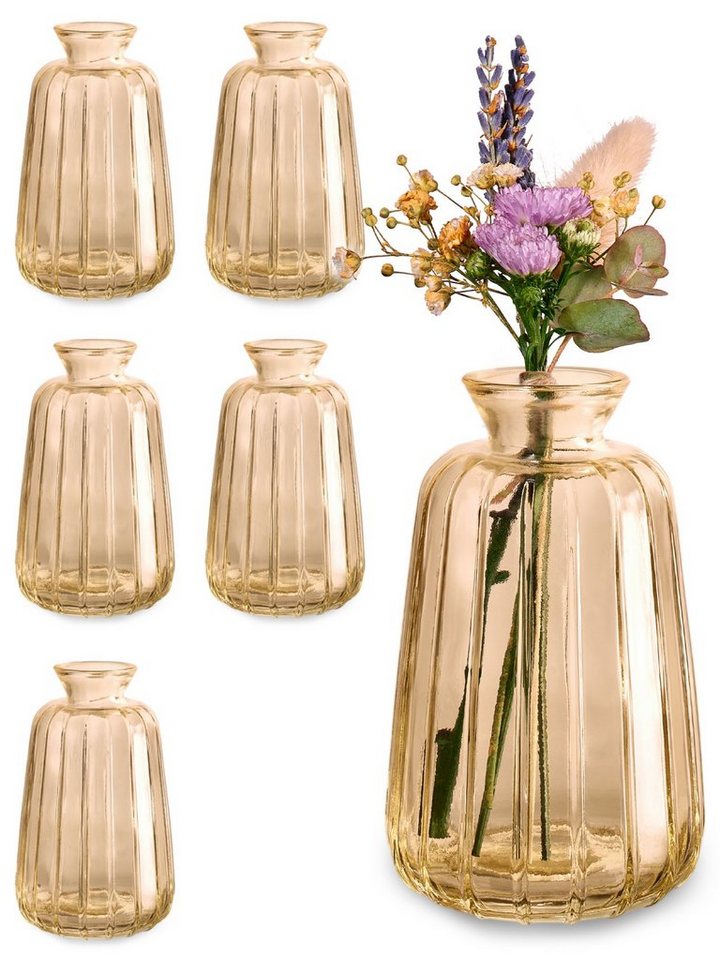 Praknu Tischvase 6 Vintage Glas Minivasen - Runde & Stabile Blumenvasen (Set, 6 St), Spülmaschinenfest - Kleine Glasvasen für Hochzeit Tischdeko - Gold von Praknu