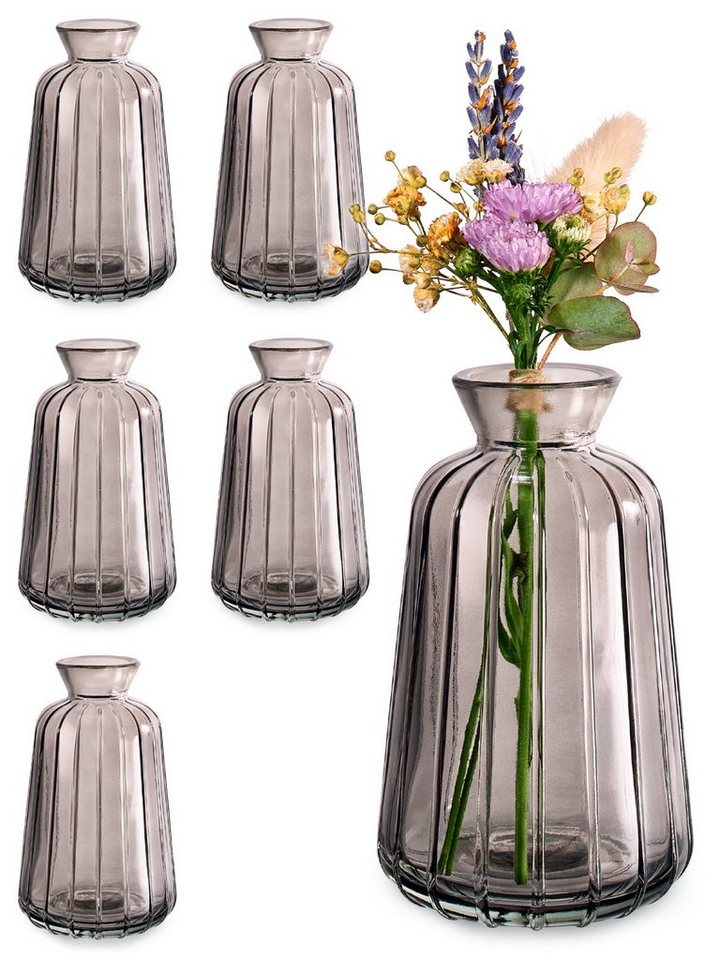 Praknu Tischvase 6 Vintage Glas Minivasen - Runde & Stabile Blumenvasen (Set, 6 St), Spülmaschinenfest - Kleine Glasvasen für Hochzeit Tischdeko - Grau von Praknu
