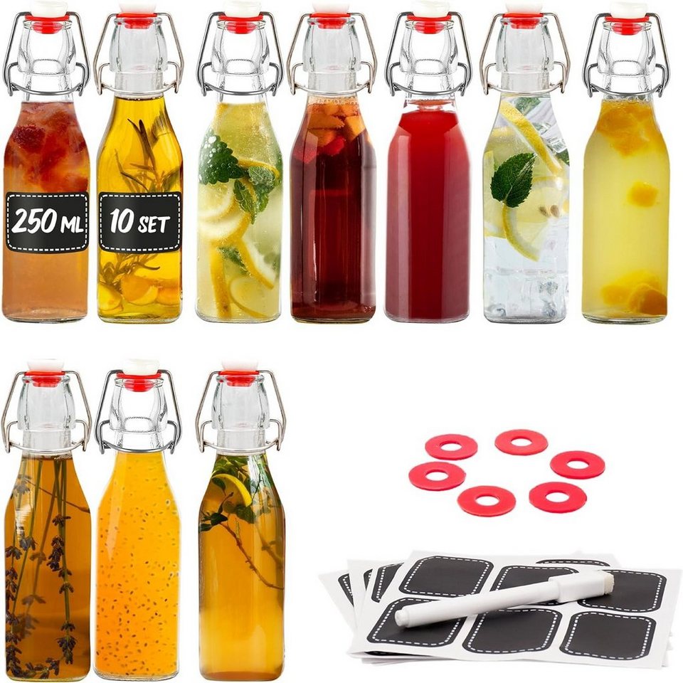 Praknu Trinkflasche 10 Glasflaschen Eckig 250 ml, Bügelverschluss Eckig - 10 Etiketten mit Stift und 10 Extra Dichtungen von Praknu