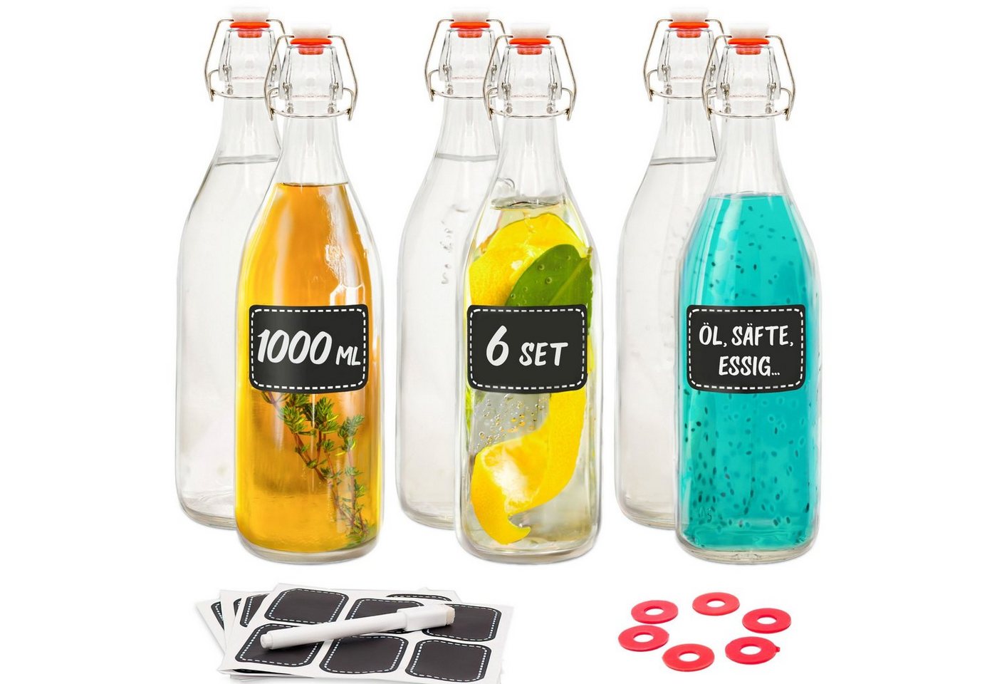 Praknu Trinkflasche 6x Leere Glasflaschen zum Befüllen 1000ml - Glas mit Bügelverschluss, Öl Flasche 1L, Saftflasche, Flaschen Aufbewahrung, Likörflaschen von Praknu