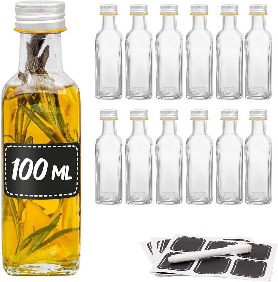 Praknu Trinkflasche 12 Flaschen Schraubverschluss 100ml, Leere Schraubverschluss Flaschen - Für Öl, Essig, Saft & Limonade von Praknu