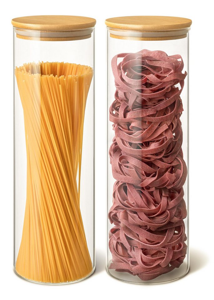 Praknu Vorratsdose Praknu Vorratsdosen für Spaghetti 2er Set, Borosilikatglas, (Set, 2-tlg), Aufbewahrung Küche Lebensmittel aus Glas - Luftdicht mit Bambusdeckel von Praknu