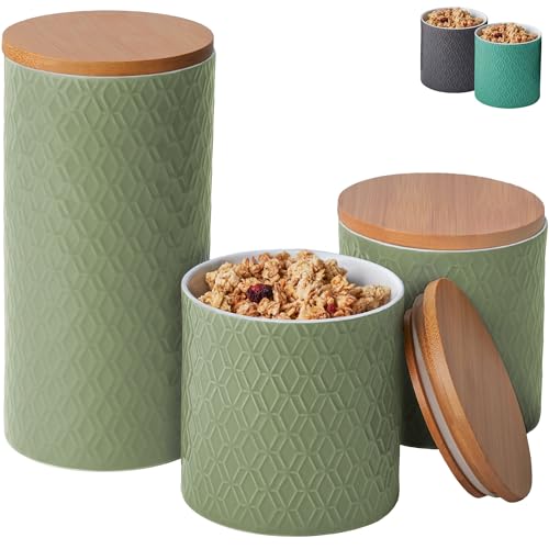 Vorratsdosen Keramik mit Deckel Luftdicht - 3er Vorratsbehälter Set aus Keramik mit Bambusdeckel für Müsli Mehl Kaffee & Zucker Aufbewahrung - Spülmaschinenfest (Mint) von Praknu