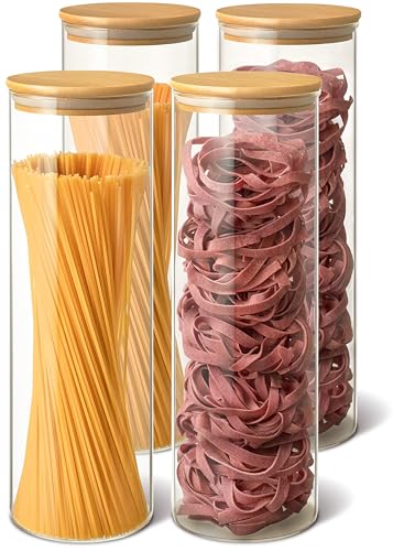 Praknu Spaghetti Aufbewahrung - 4er Set Vorratsdosen glas mit Deckel - Luftdicht mit Holzdeckel - Spülmaschinenfest - Hoch 30cm von Praknu