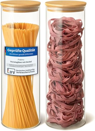 Praknu Vorratsdosen mit Deckel für Spaghetti 2er Set - Luftdicht mit Holzdeckel - Spülmaschinenfest - Hoch 30cm - Spaghetti Aufbewahrung von Praknu