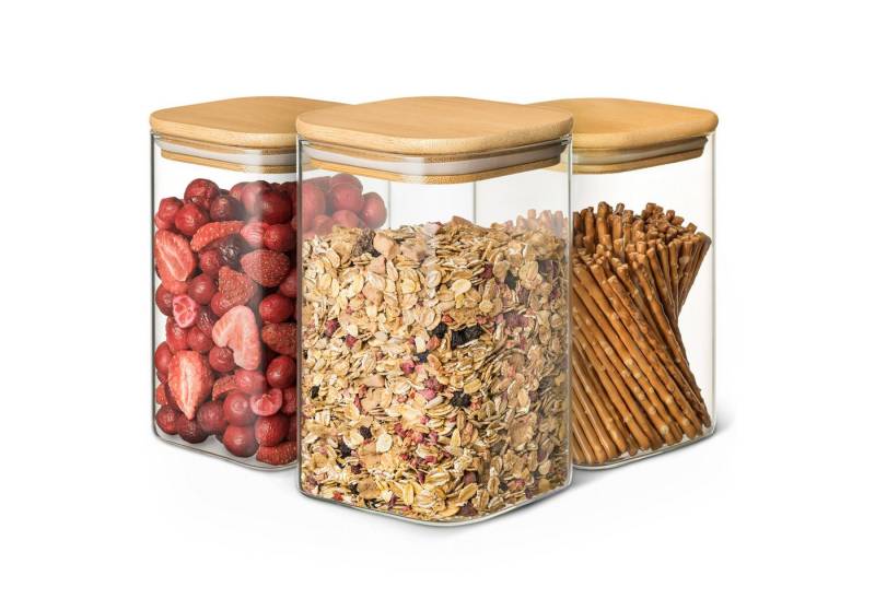 Praknu Vorratsglas 3 Vorratsgläser Eckig, Borosilikatglas, (Set, 3-tlg), Aufbewahrung Küche Lebensmittel aus Glas rechteckig mit Bambusdeckel von Praknu