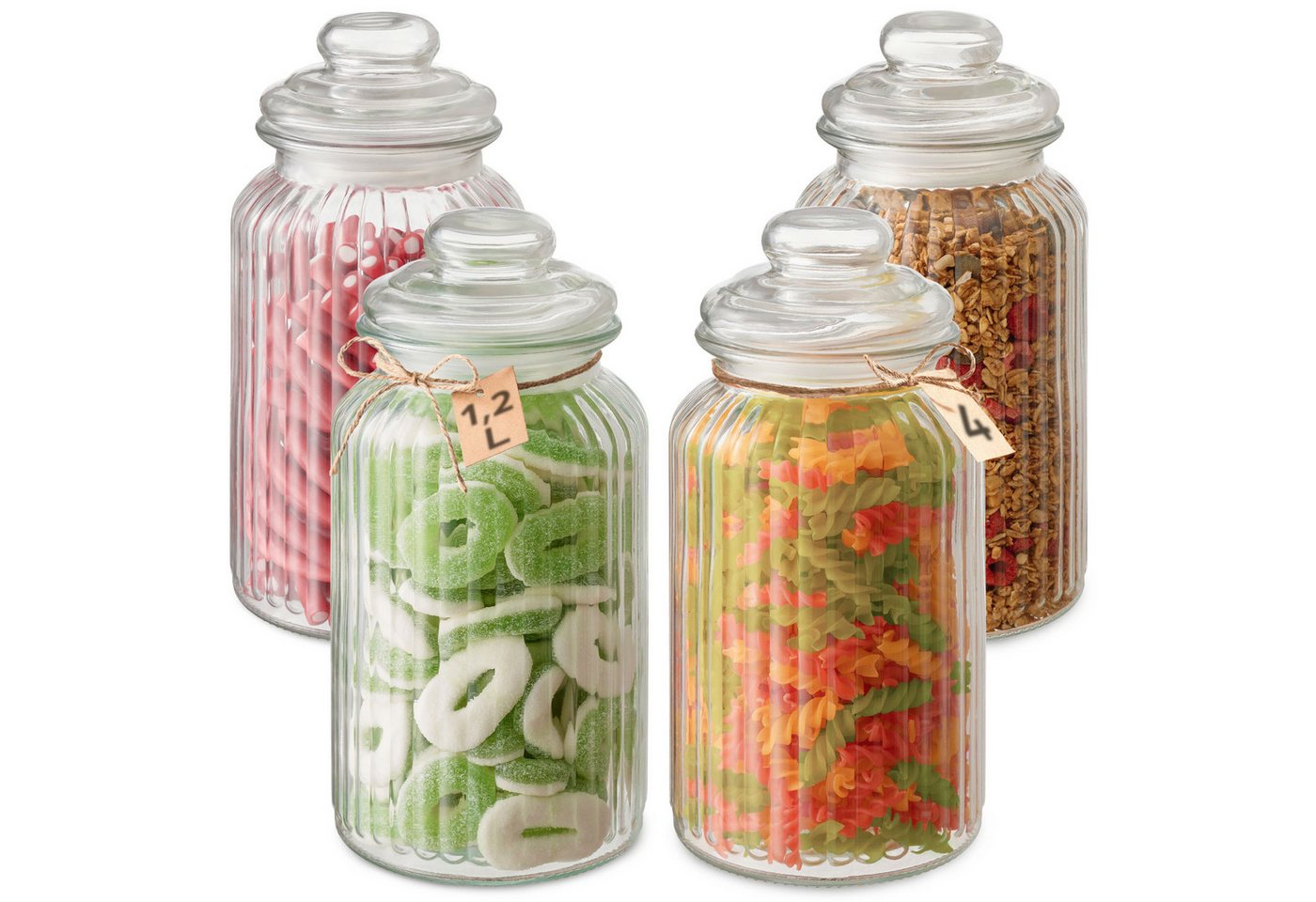 Praknu Vorratsglas 4 Bonbonglas mit Deckel 1,2L Groß, Glas, (Set, 4-tlg), Luftdicht - Candy Bar Gläser mit Etiketten von Praknu
