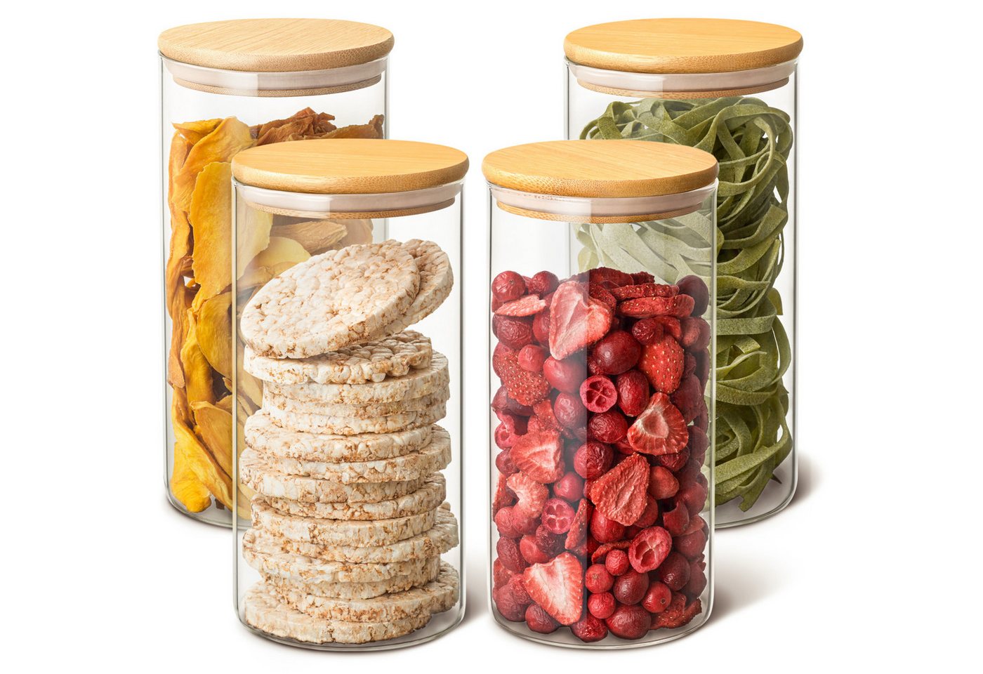 Praknu Vorratsglas 4 Vorratsdosen 20cm mit Bambusdeckel, Glas, (Set, 4-tlg), 1,2L Groß Aufbewahrung Küche Lebensmittel aus Glas mit Bambusdeckel von Praknu