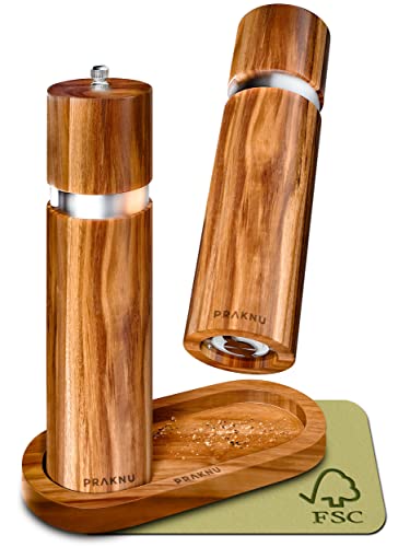 Salz und Pfeffermühle aus Akazienholz mit Untersetzer - Nachhaltiges FSC® Holz - Langlebiges Keramikmahlwerk - Plastikfrei von Praknu