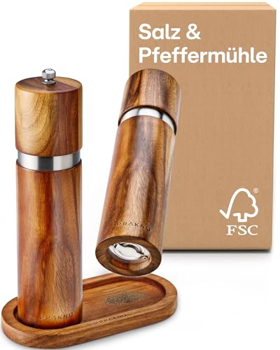 Salz und Pfeffermühle aus Akazienholz mit Untersetzer - Nachhaltiges FSC® Holz - Langlebiges Keramikmahlwerk - Plastikfrei von Praknu