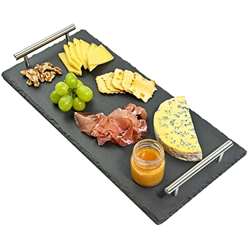 Praknu Schiefer Servierplatte mit Griffen- 40x20 cm - Ideal zum Servieren - Rutschfest - Echter Naturschiefer von Praknu