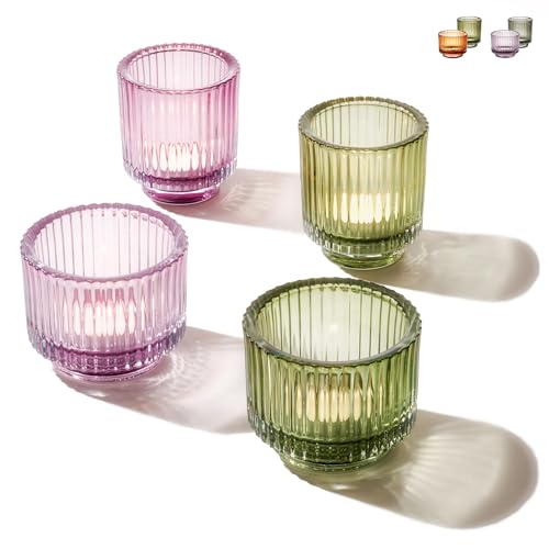 Teelichtgläser Groß für Tischdeko - 4er Set Runde Teelichthalter - Stabile Kerzenhalter für Heimdekoration & Hochzeit (Lila & Grün) von Praknu