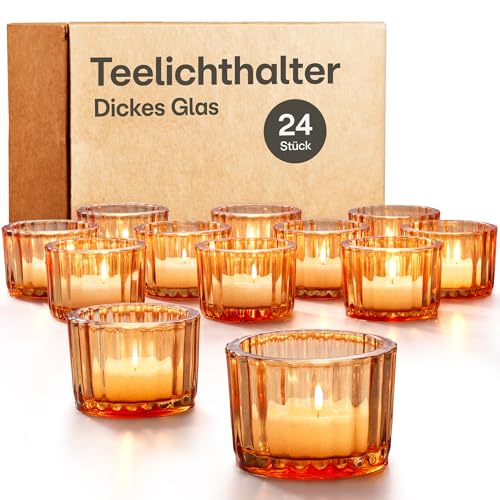 Teelichthalter Glas Klein für Tischdeko - 24er Set Runde Teelichtgläser - Stabile Kerzenhalter für Heimdekoration & Hochzeit (Gold) von Praknu