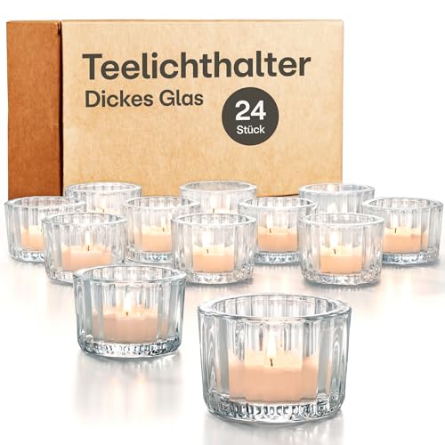 Teelichthalter Glas Klein für Tischdeko - 24er Set Runde Teelichtgläser - Stabile Kerzenhalter für Heimdekoration & Hochzeit (Transparent) von Praknu