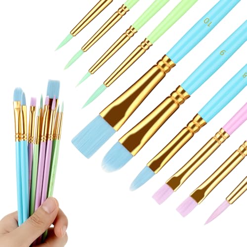 Prasacco 10 Stück Pinsel Set, Nylon Malpinsel 5 Runde Pinsel und 5 Flache Pinsel Set 10 Größen Kleine Künstlerpinsel für Ölmalerei, Acrylmalerei, Gouachemalerei, Aquarellmalerei (Blau, Lila, Grün) von Prasacco
