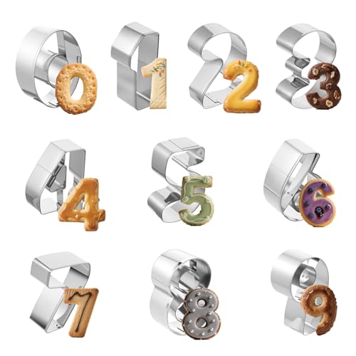 Prasacco 10 Stück Zahlen Ausstecher Set, 0-9 Edelstahl Digitaler Keksausstecher Mehrzweck Zahlen Ausstechformen für Kekse, Kuchen, Fondant, DIY Backform (Silber) von Prasacco