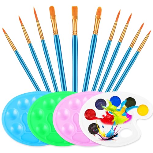 Prasacco 14 Stück Pinsel Set, 4 Stück Mischpalette und 10 Stück Nylon Malpinsel Set 4 Farben Malpalette Kunststoff Farbtablett Malwerkzeuge für Acrylmalerei, Ölmalerei, Aquarellmalerei von Prasacco